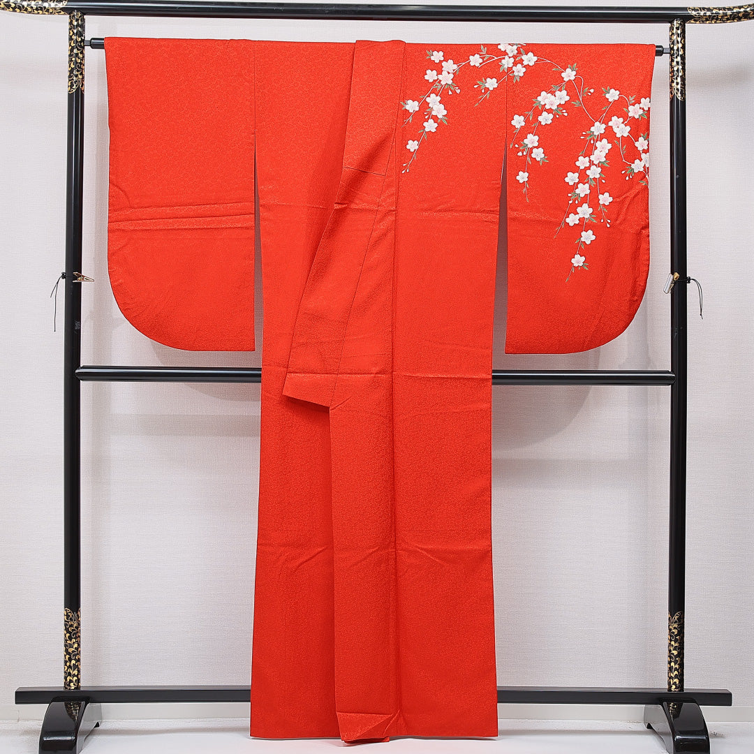 洗える着物 小振袖 袷 身丈161cm 裄丈68cm ポリエステル Sランク セミフォーマル 広衿 Lサイズ 桜 赤系 RP 1216-07042