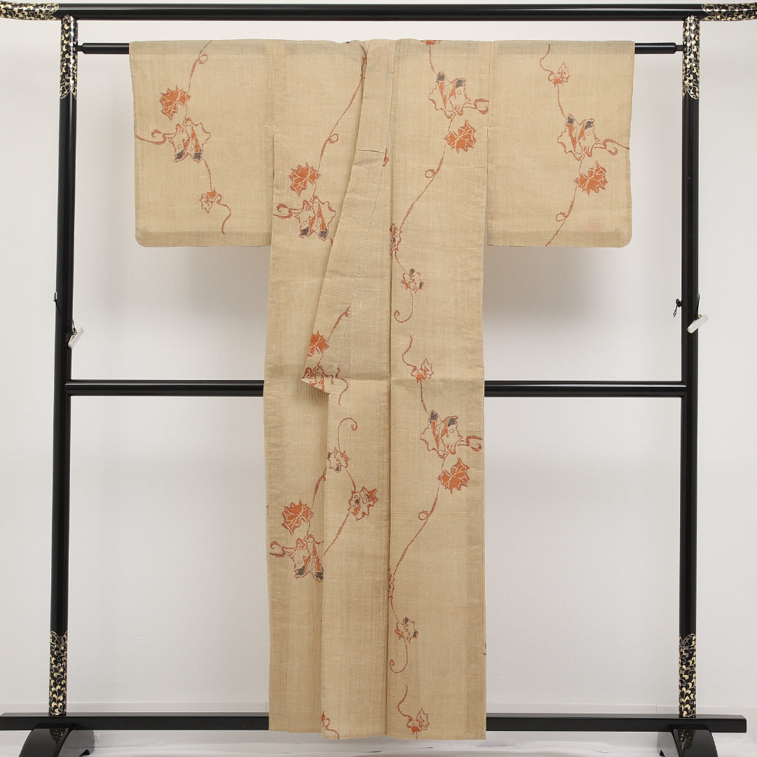 夏物 洗える着物 麻の紬 身丈153cm 裄丈62cm 麻 Cランク カジュアル バチ衿 Sサイズ 蔦 ベージュ系 RP 1223-17288