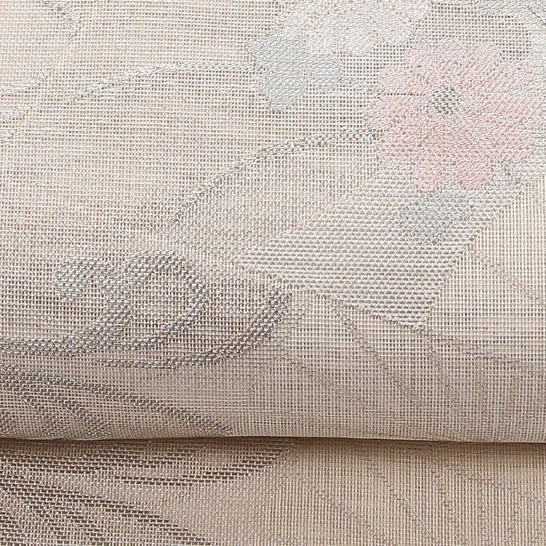 夏物 袋帯 帯丈422cm 正絹 六通 セミフォーマル 綴れ織 扇面文 菊 桔梗 クリーム系 1243-02514