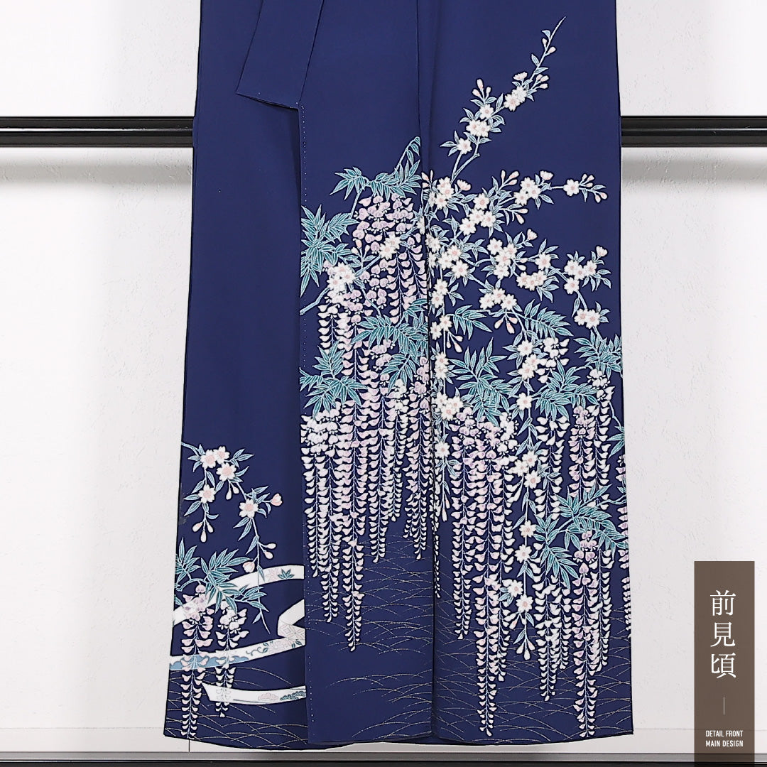 洗える着物 訪問着 袷 身丈148cm 裄丈65cm ポリエステル Aランク セミフォーマル バチ衿 Mサイズ 藤 紺系 RP 1217-17505