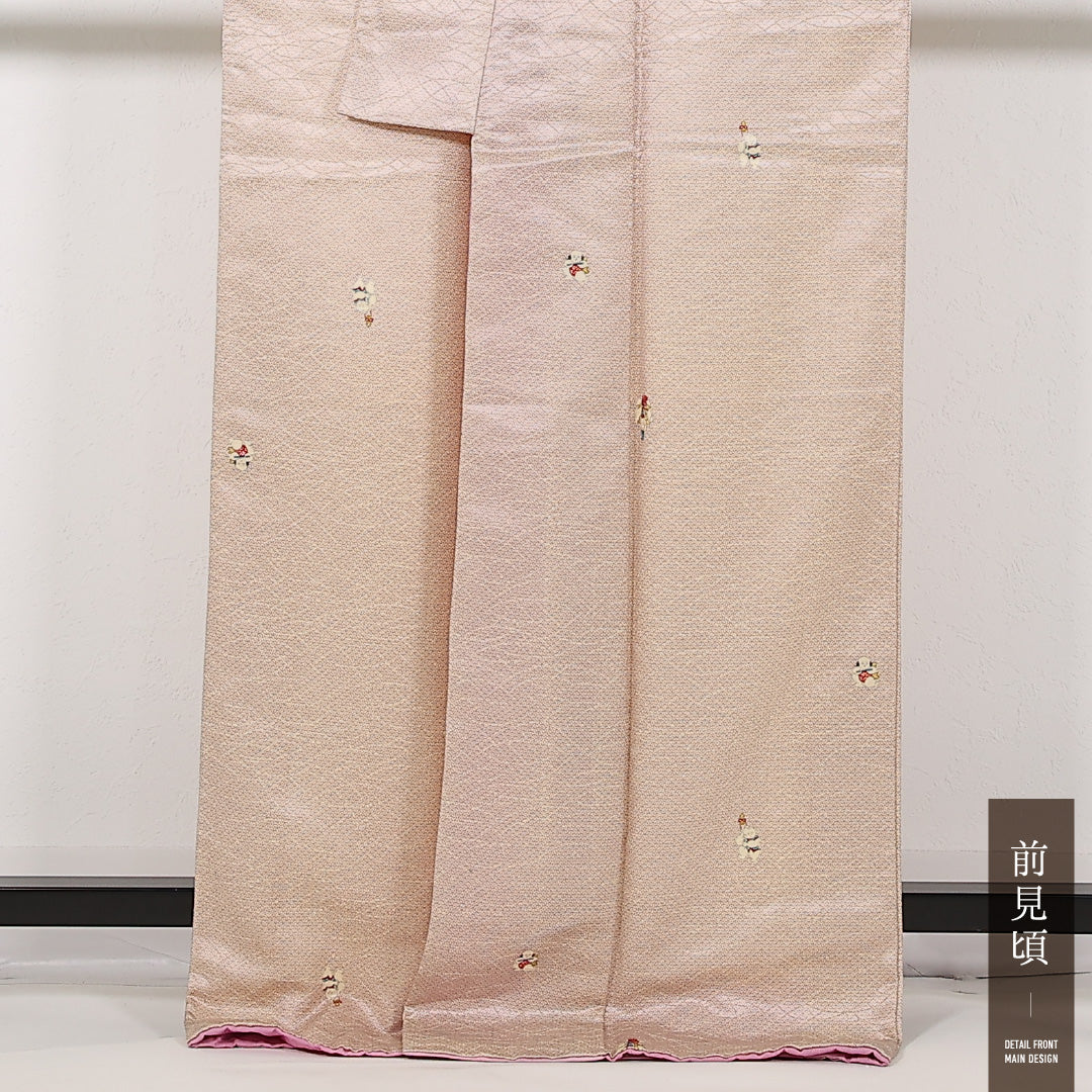 洗える着物 小紋 袷 身丈168cm 裄丈64cm ポリエステル Sランク インフォーマル 広衿 Lサイズ 唐子 クリーム系 RP 1221-17458