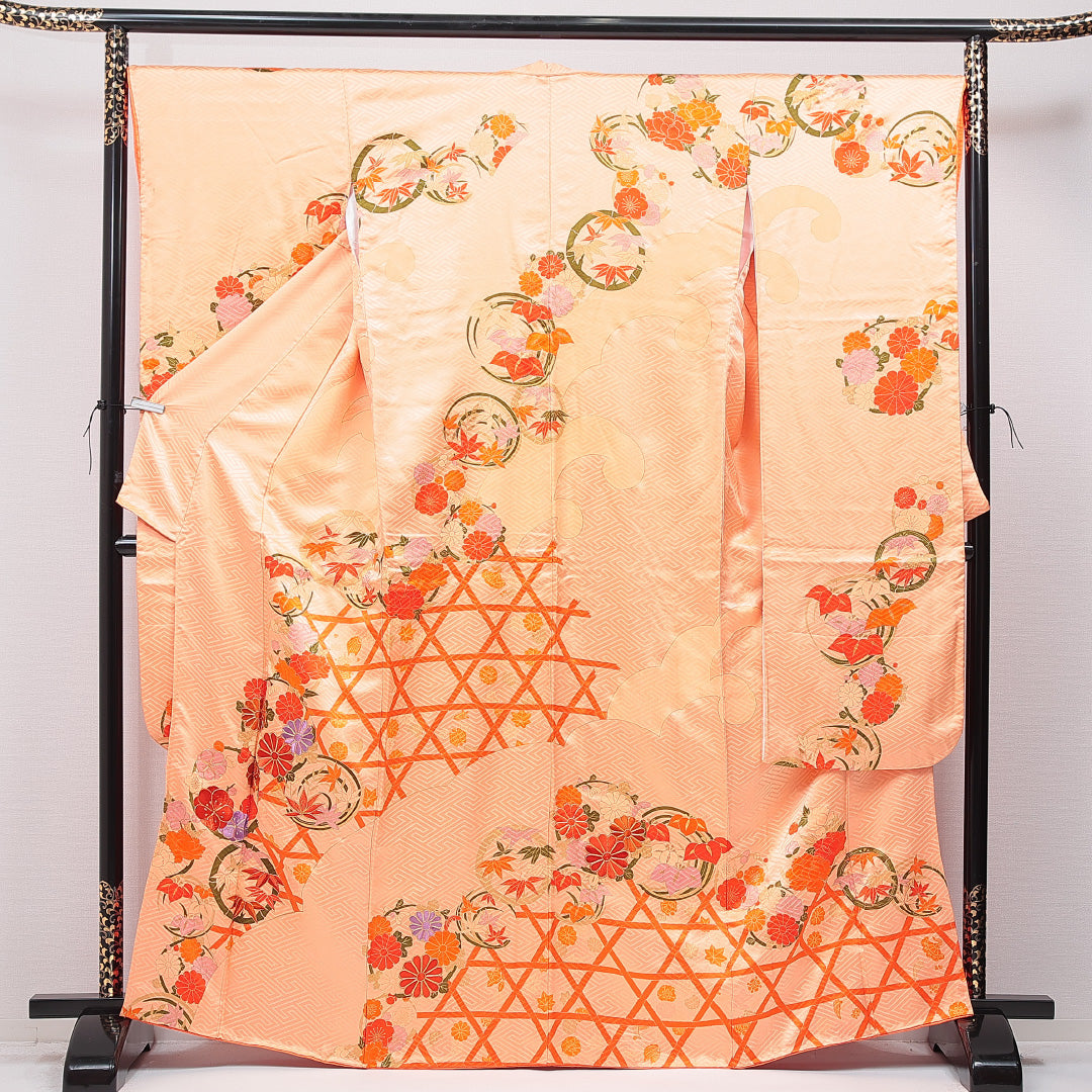 振袖 袷 身丈165cm 裄丈67cm 正絹 Cランク フォーマル 広衿 XLサイズ 光悦垣 丸文 朱系 LP 1215-07045