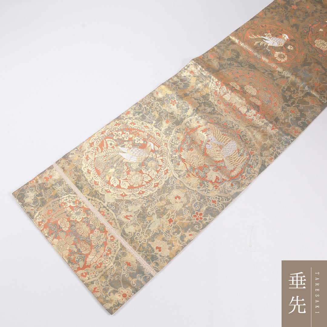宝相華 袋帯 帯丈432cm 正絹 六通 フォーマル 尾長鳥 クリーム系 緑系 1243-02615
