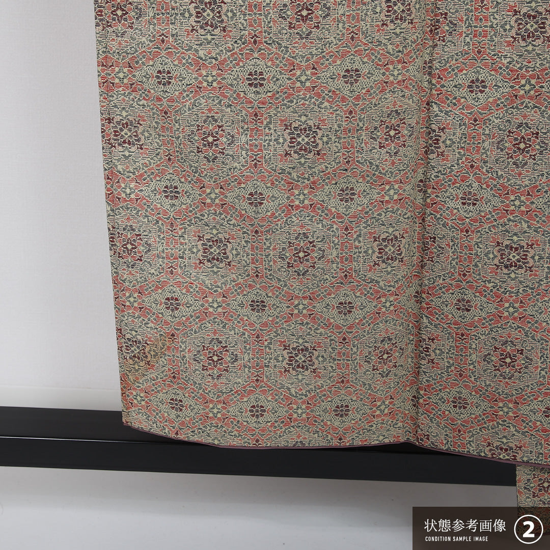 紬 胴抜き 身丈149cm 裄丈61cm 正絹 Aランク カジュアル バチ衿 XSサイズ 花菱亀甲 ベージュ系 RP 1223-12002