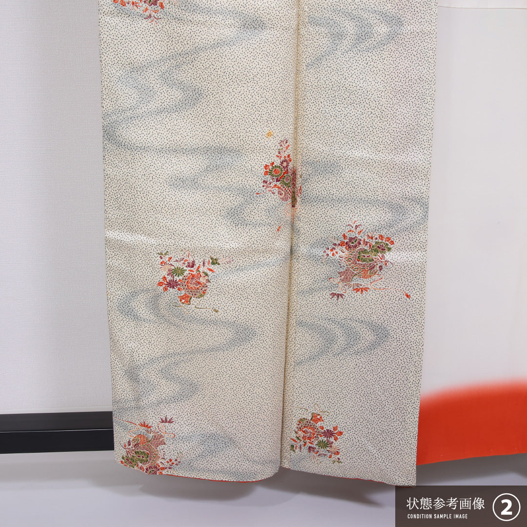 小紋 袷 身丈154cm 裄丈64cm 正絹 Aランク インフォーマル 広衿 Sサイズ 流水 小槌 クリーム系 RP 1221-11442