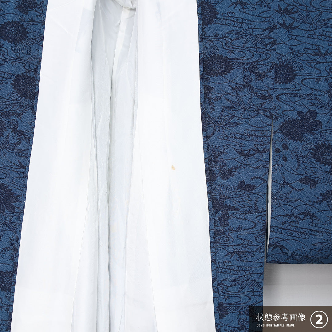 小紋 身丈162cm 裄丈65cm Bランク L 正絹 袷 広衿 クラシカル 藍型 流水 菊 紅葉 カジュアル 青系 1215-11968