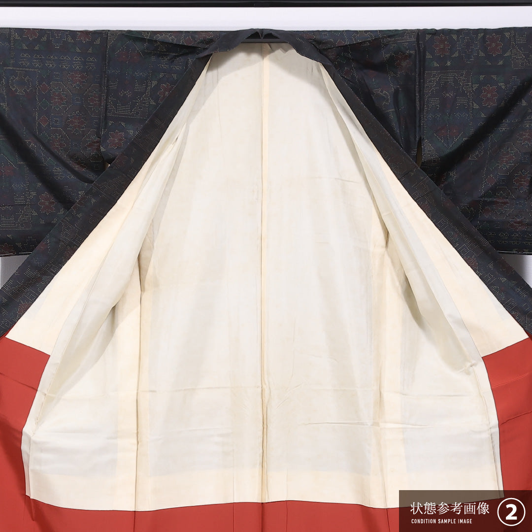 大島紬 袷 身丈153cm 裄丈64cm 正絹 Aランク インフォーマル 広衿 Sサイズ 蜀江 黒系 M4 1223-11618
