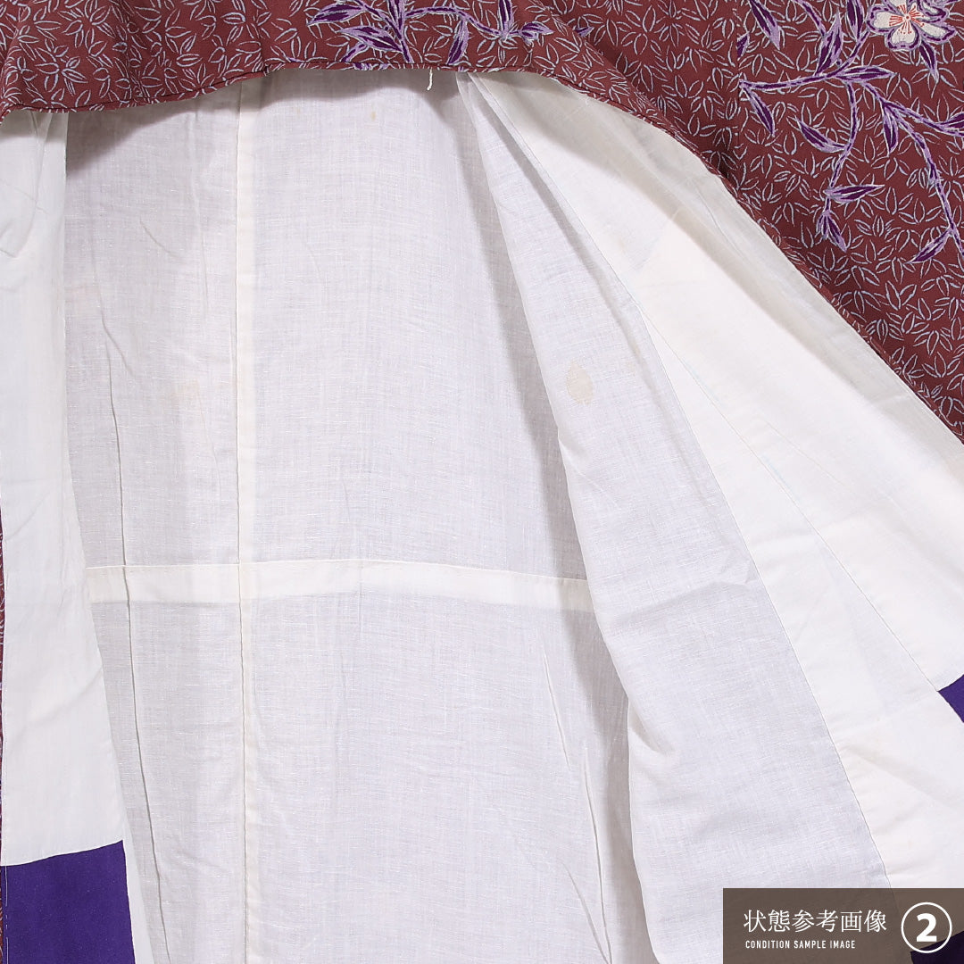 小紋 (ちりめん) 袷 身丈146cm 裄丈63cm 正絹 Aランク インフォーマル 広衿 XSサイズ 桜 ちりめん 赤系 RP 1221-11658