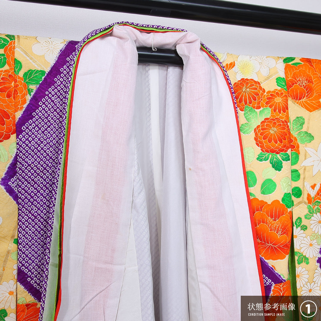 振袖 身丈150cm 裄丈61.5cm Aランク 袷 正絹 S 広衿 絞り 吉祥文様 古典柄 菊 牡丹 紫系 1213-F0445