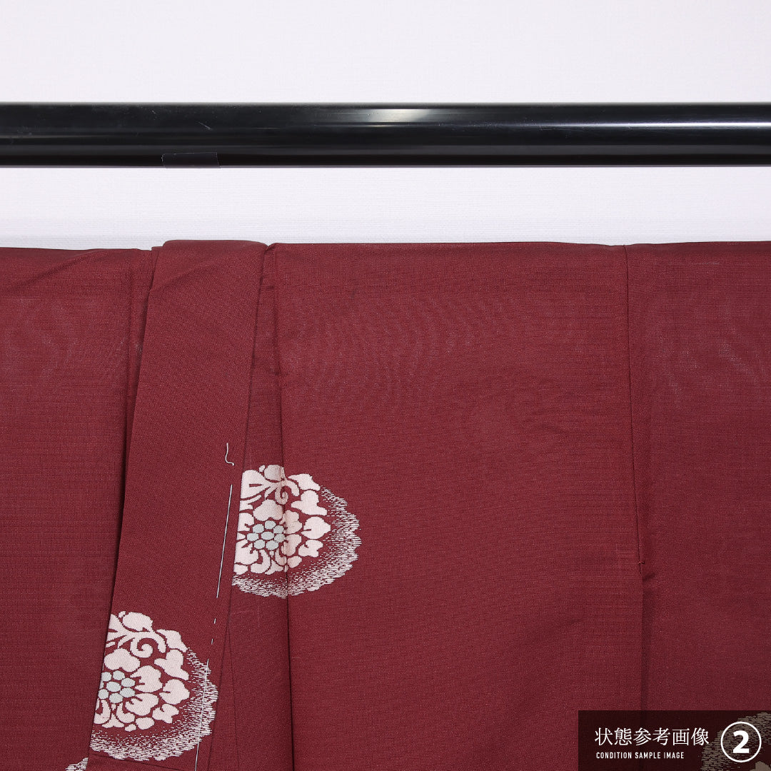 お召 単衣 身丈147cm 裄丈62cm 正絹 Aランク インフォーマル バチ衿 XSサイズ 牡丹 赤系 LP 1222-11793