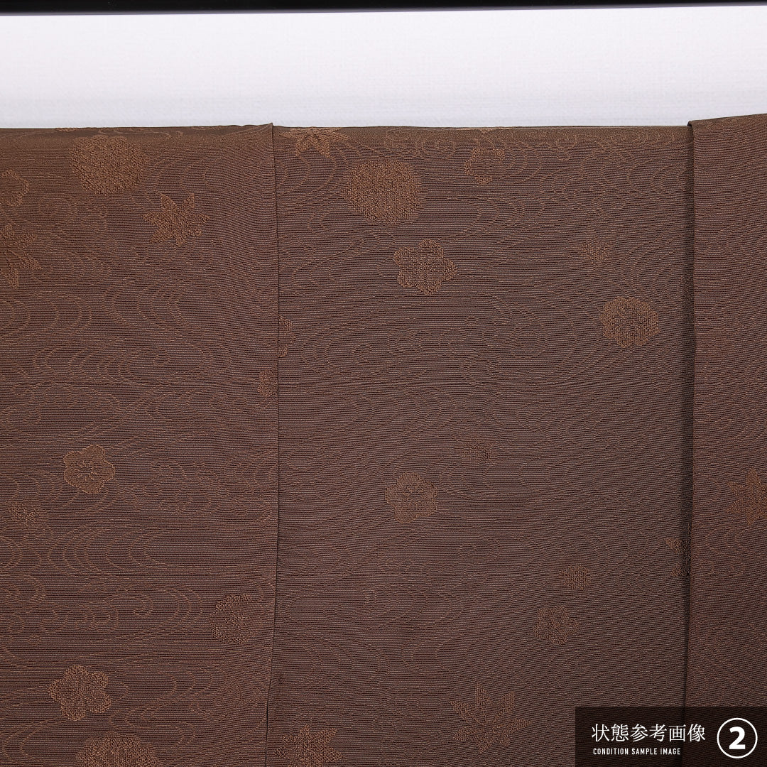 色無地 袷 身丈150cm 裄丈63cm 正絹 Bランク 一つ紋 (片喰) セミフォーマル 広衿 Sサイズ 観世水 梅 楓 無地 茶系 RP 1219-11190