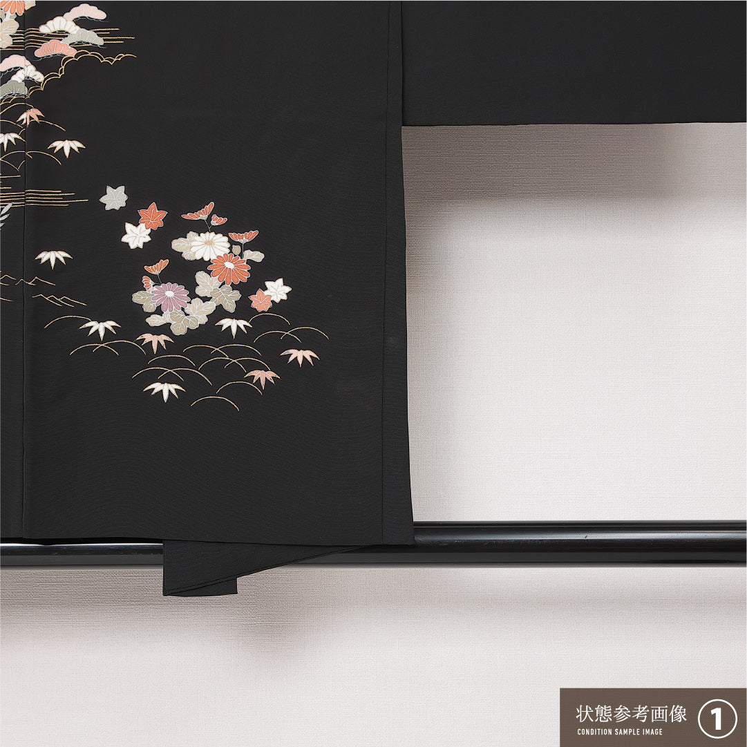 黒羽織 袷 身丈78cm 裄丈63cm 正絹 Aランク インフォーマル Sサイズ 紐あり 花柄 黒系 HP 1233-13889