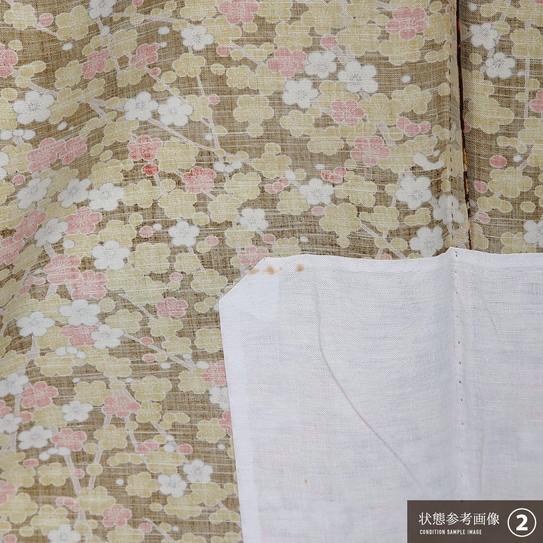 小紋 単衣 身丈158cm 裄丈64cm 正絹 Bランク インフォーマル バチ衿 Mサイズ 染め紬 居敷当て 肩当て 梅 茶系 HP 1221-12033