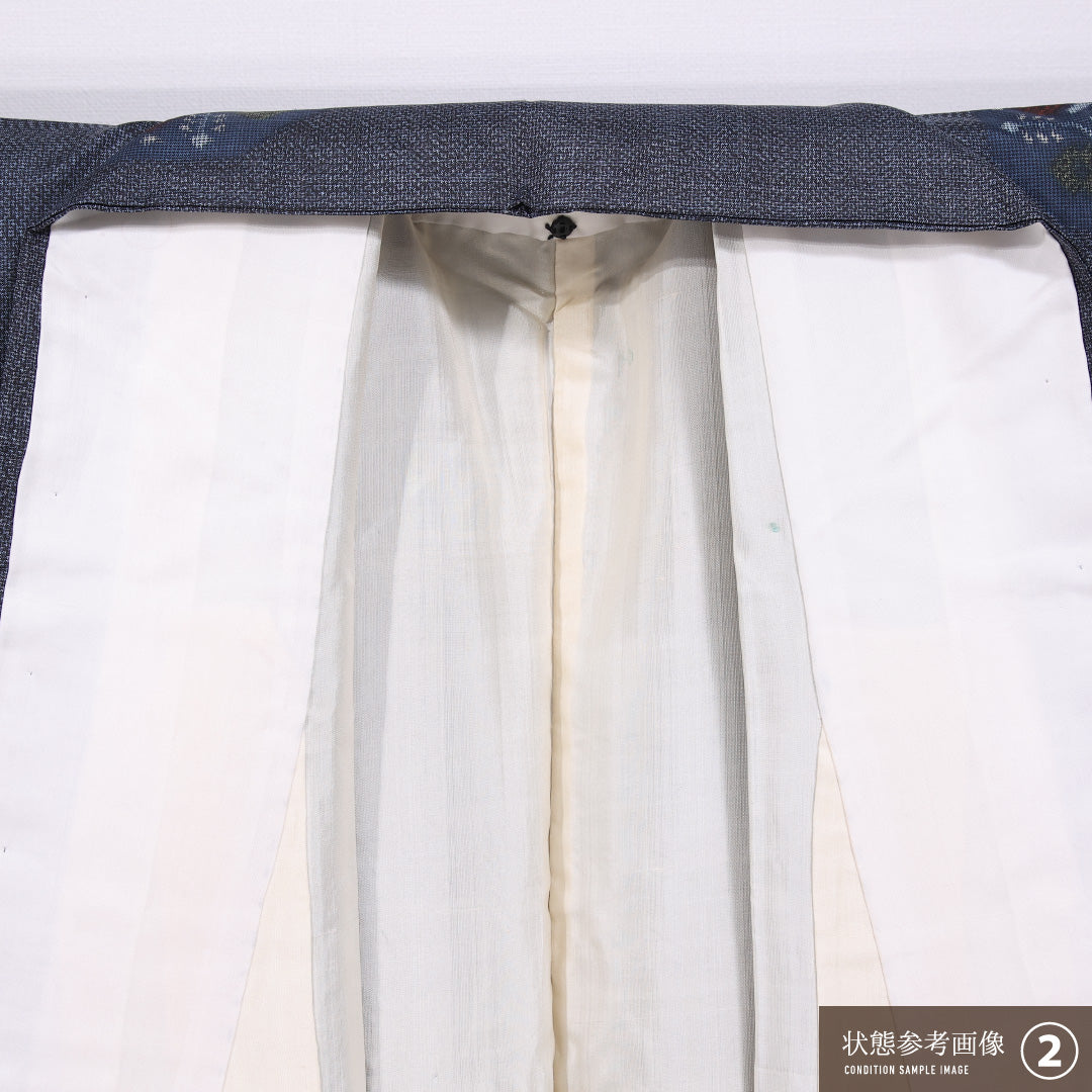 大島紬 袷 身丈152cm 裄丈62cm 正絹 Aランク インフォーマル 広衿 Sサイズ 創作柄 青系 M4 1223-11614