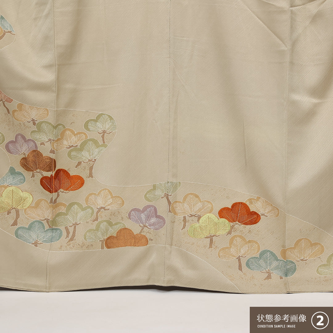 色留袖 五つ紋 丸に五三桐 身丈165cm 裄丈65cm Bランク 正絹 袷 比翼 広衿 XL 刺繍 金駒刺繍 松 フォーマル 抽象的 優しい 金系 1211-F0557