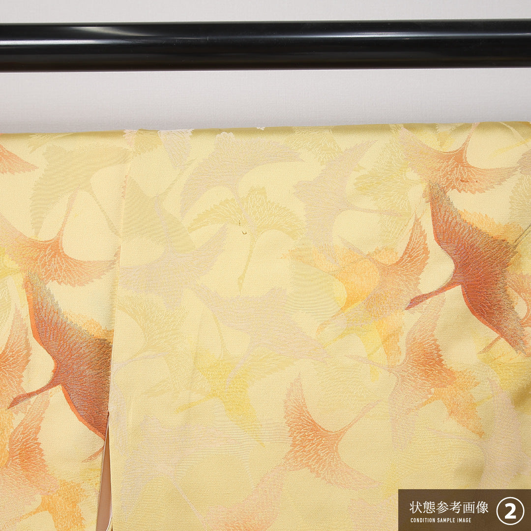 小紋 身丈159cm 裄丈64.5cm Bランク M 正絹 袷 広衿 鶴 カジュアル 黄系 1215-12001