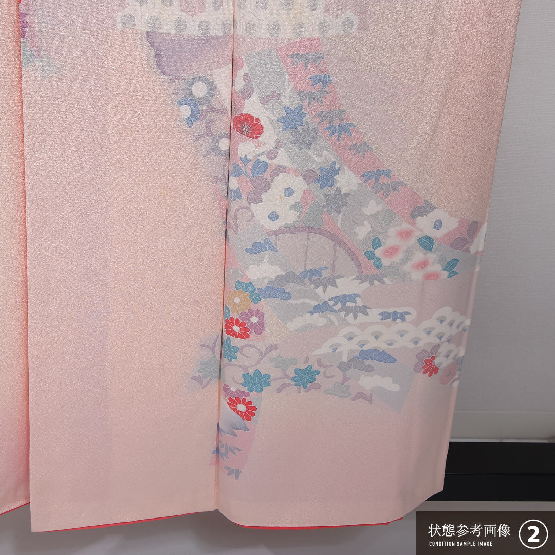 訪問着 袷 身丈152cm 裄丈63cm 正絹 Bランク セミフォーマル 広衿 Sサイズ 青海波 植物柄 光悦垣 ピンク系 RP 1217-12026