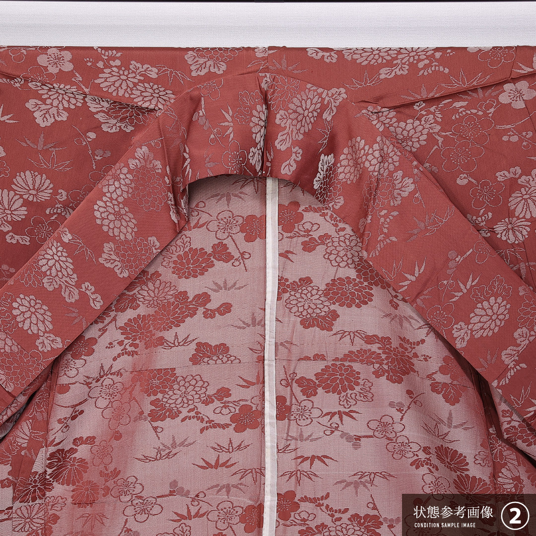お召 身丈149cm 裄丈63.5cm XS 正絹 Bランク 単衣 広衿 菊 梅 笹 1265-11026