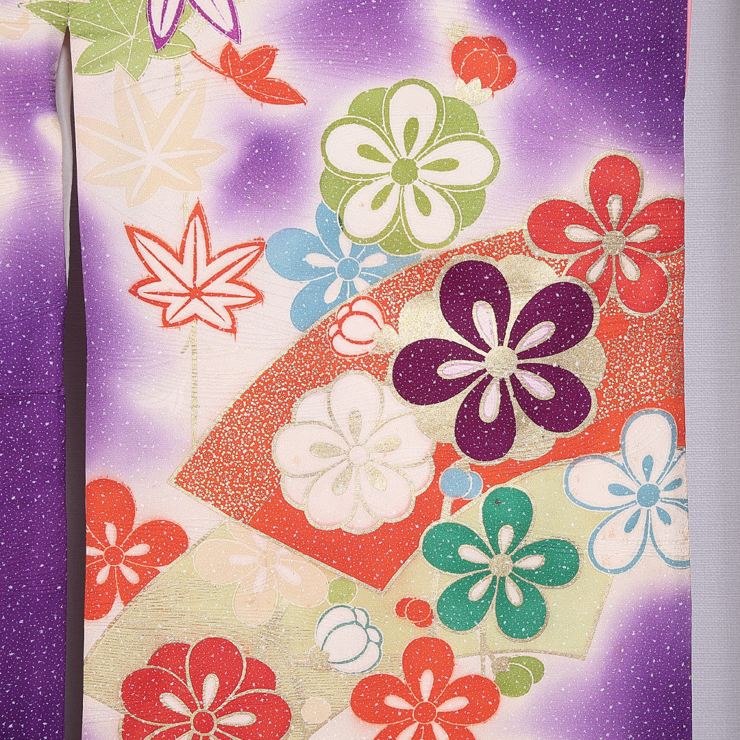 振袖 身丈157cm 裄丈65cm 袷 正絹 Cランク 広衿 菊 梅 紅葉 金駒刺繍 扇 1213-F0391