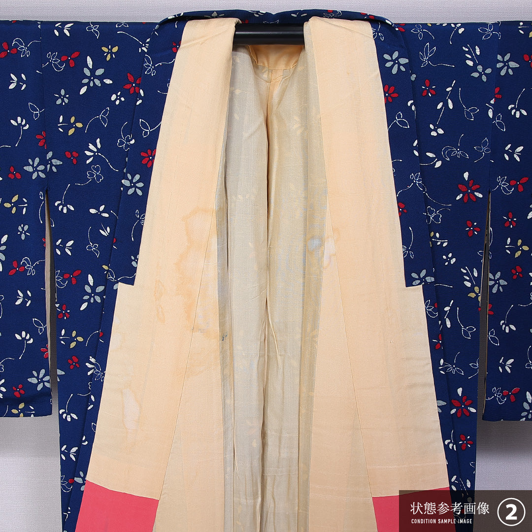小紋 袷 身丈158cm 裄丈63cm 正絹 Aランク インフォーマル 広衿 Mサイズ 花柄 紺系 HP 1221-11058