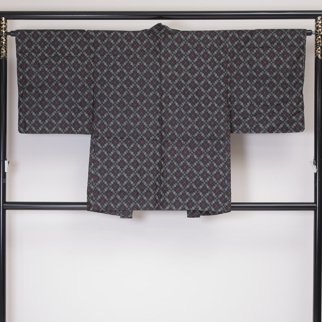アンサンブル 紬 袷 身丈157cm 裄65cm 正絹 花柄 紺系 Aランク 1216-00922