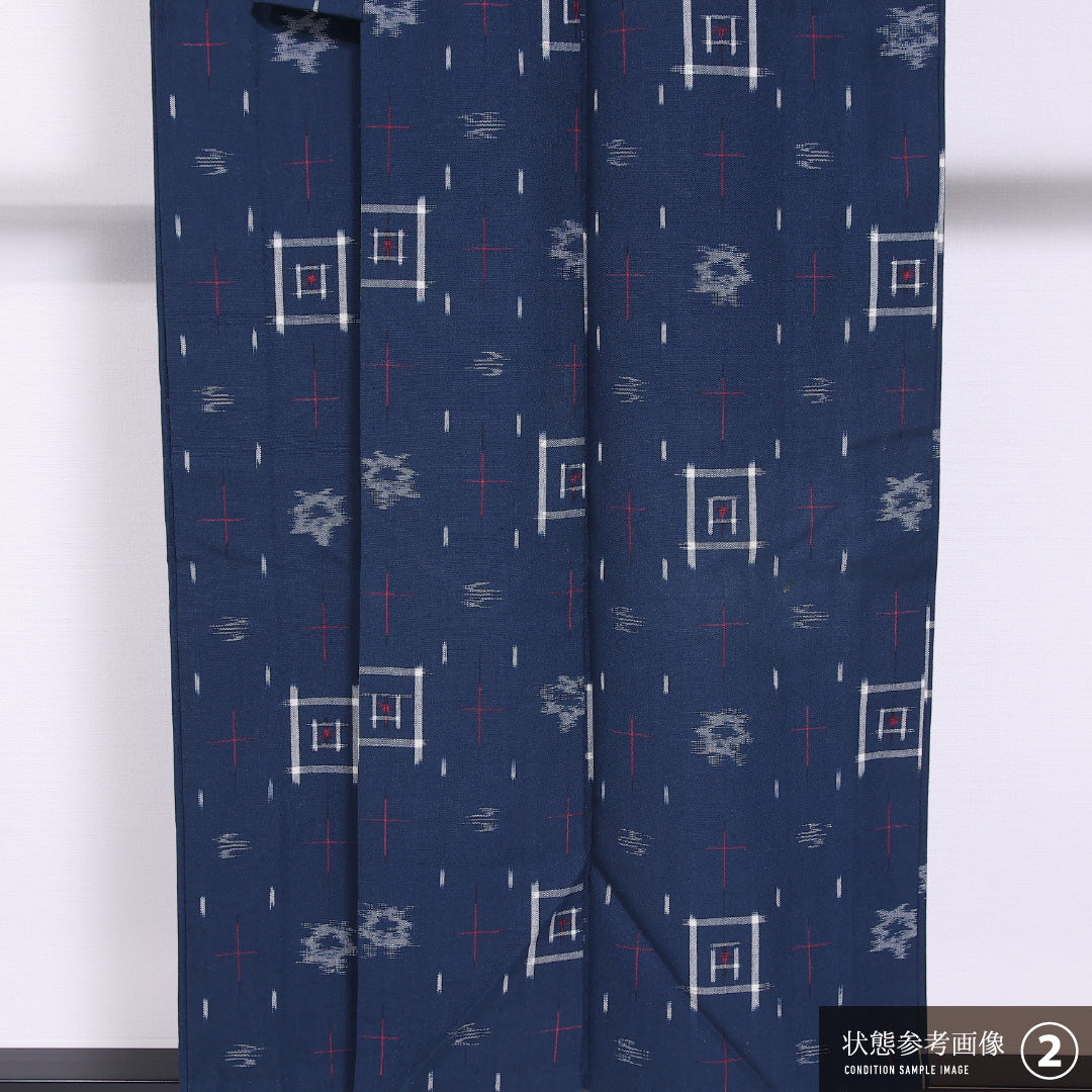 紬 単衣 身丈150cm 裄丈62cm 正絹 Bランク カジュアル バチ衿 Sサイズ 肩当て 井桁 紺系 RP 1223-11664