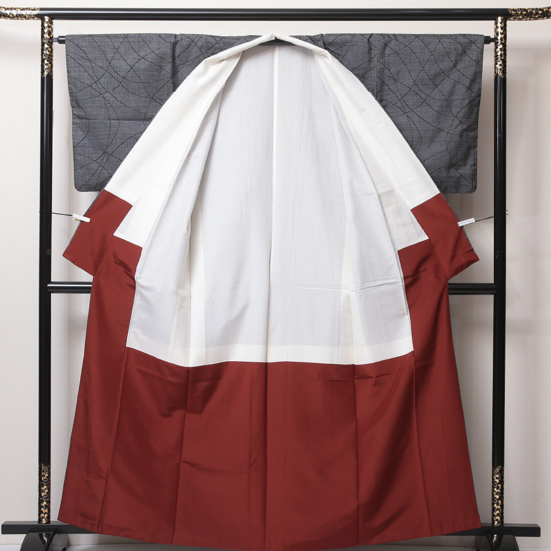 紬 袷 身丈162cm 裄丈62cm 正絹 Bランク カジュアル 広衿 Lサイズ 創作柄 グレー系 HP 1223-03540