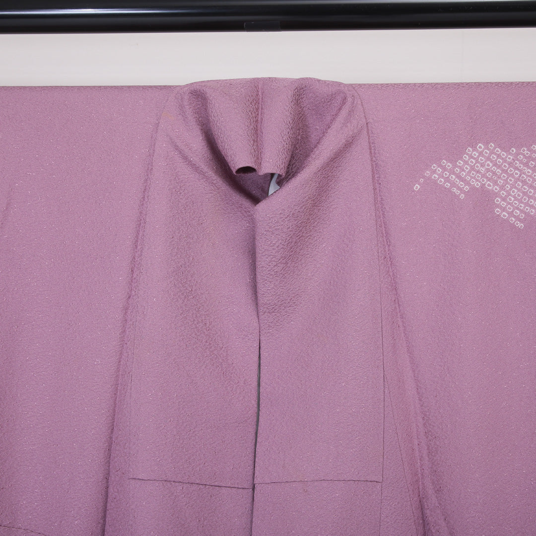 訪問着 袷 身丈155~159cm 裄64cm 正絹 蘇州刺繡 檜扇 ピンク系 ふくれ織 Bランク 1212-00567