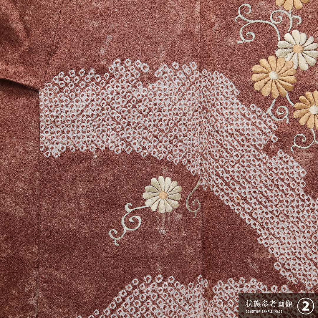 訪問着 袷 身丈154cm 裄丈63cm 正絹 Aランク セミフォーマル 広衿 Sサイズ 絞り 刺繍 菊 朱系 M4 1217-11360