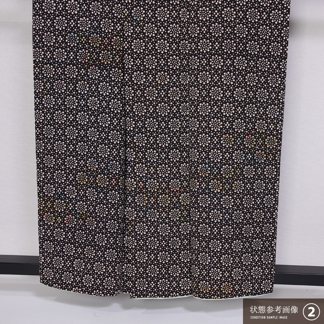 小紋 袷 身丈154cm 裄丈64cm 正絹 Aランク インフォーマル 広衿 Sサイズ 花柄 星 茶系 HP 1221-11066