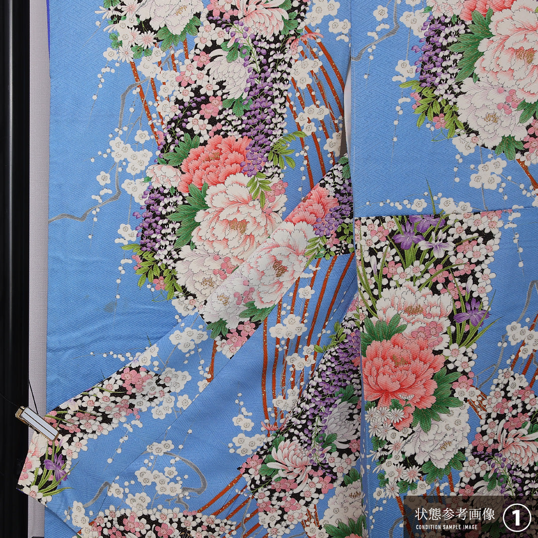 振袖 身丈165cm 裄丈66cm Bランク ポリエステル 洗える着物 袷 広衿 XL 芍薬 梅 フォーマル 独創的 華やか 水色系 1213-F0496