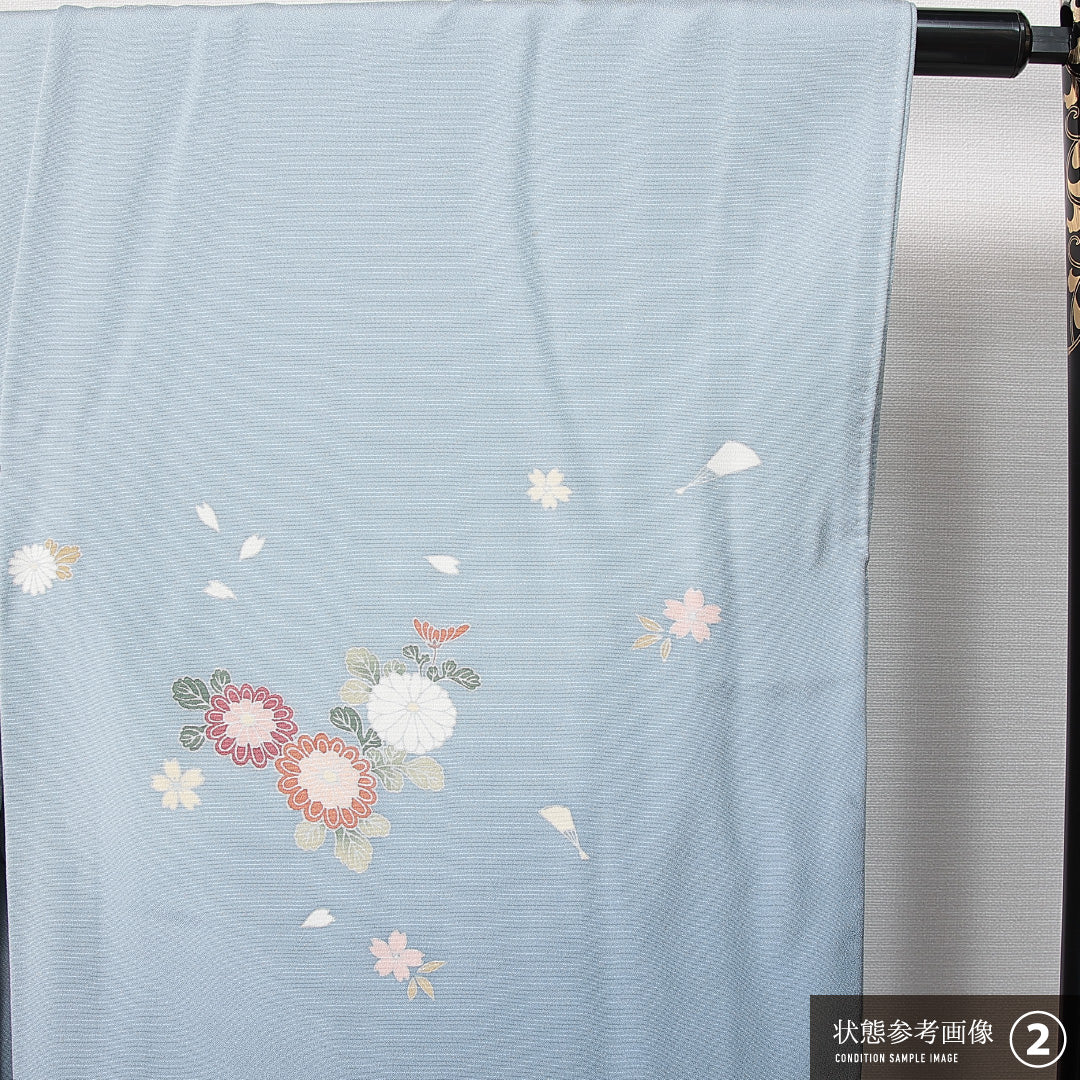 訪問着 袷 身丈144cm 裄丈59cm 正絹 Aランク セミフォーマル 広衿 XSサイズ 短冊 菊 水色系 RP 1217-14902