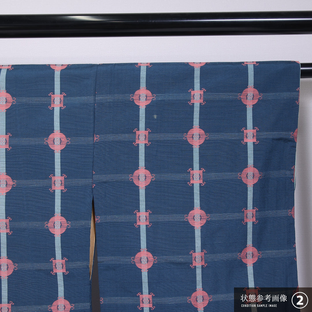 紬 袷 身丈159cm 裄丈63cm 正絹 Aランク カジュアル バチ衿 Mサイズ 格子 青系 HP 1223-11730