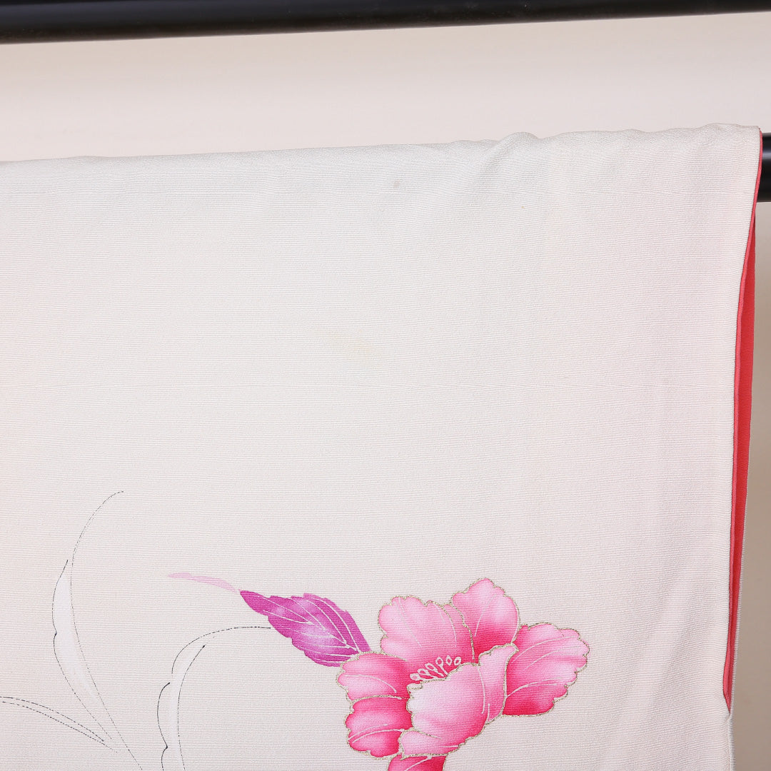 訪問着 袷 身丈161cm 裄丈62cm 正絹 Cランク Lサイズ 広衿 セミフォーマル 牡丹 金駒刺繍 クリーム系 1212-04478