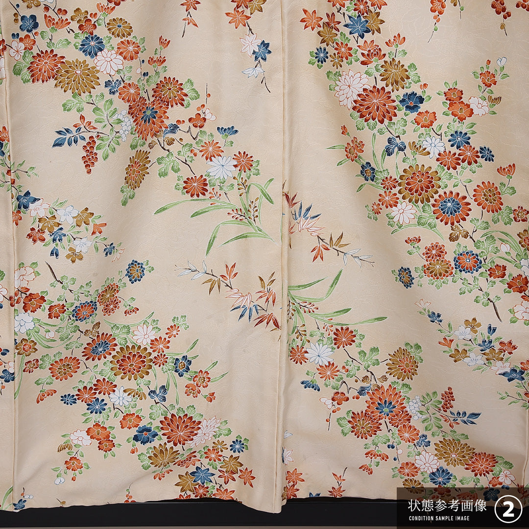 小紋 袷 身丈153cm 裄丈63cm 正絹 Aランク インフォーマル 広衿 Sサイズ 四季草花 クリーム系 RP 1221-11249