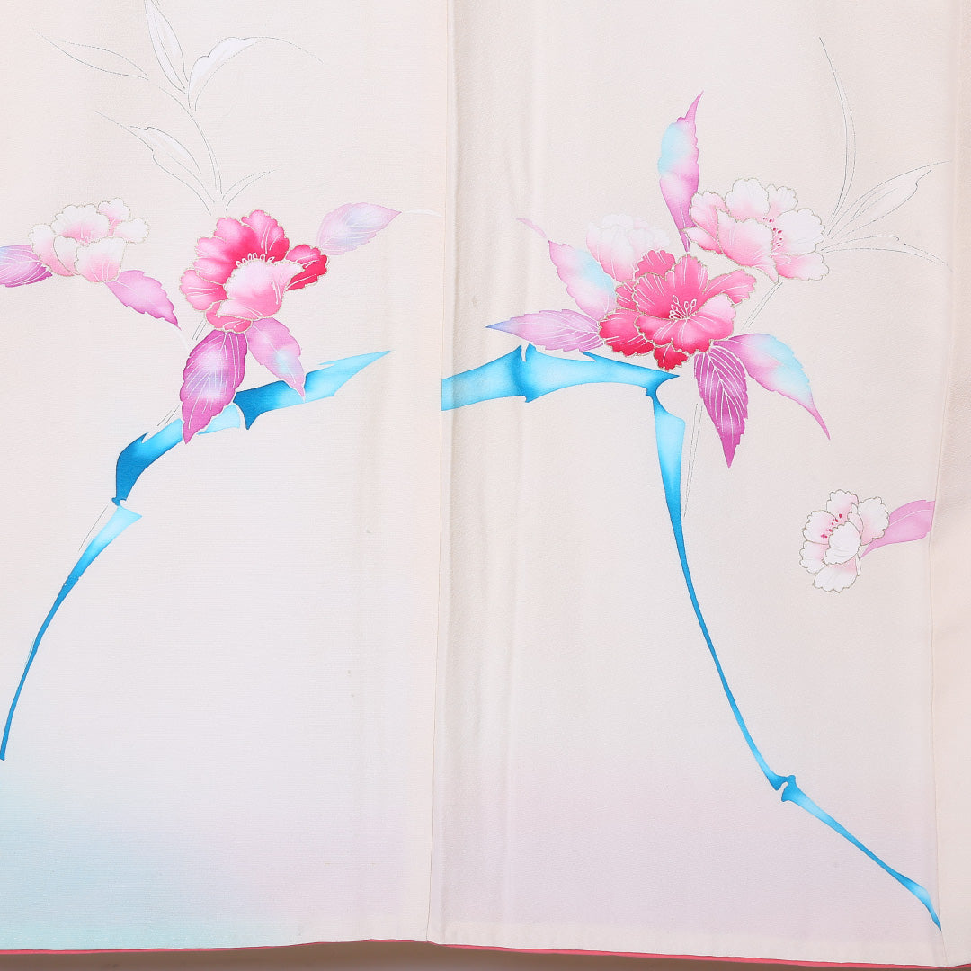 訪問着 袷 身丈161cm 裄丈62cm 正絹 Cランク Lサイズ 広衿 セミフォーマル 牡丹 金駒刺繍 クリーム系 1212-04478