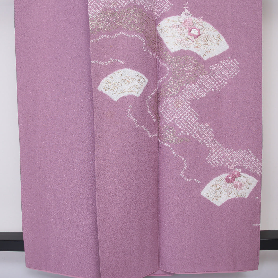 訪問着 袷 身丈155~159cm 裄64cm 正絹 蘇州刺繡 檜扇 ピンク系 ふくれ織 Bランク 1212-00567