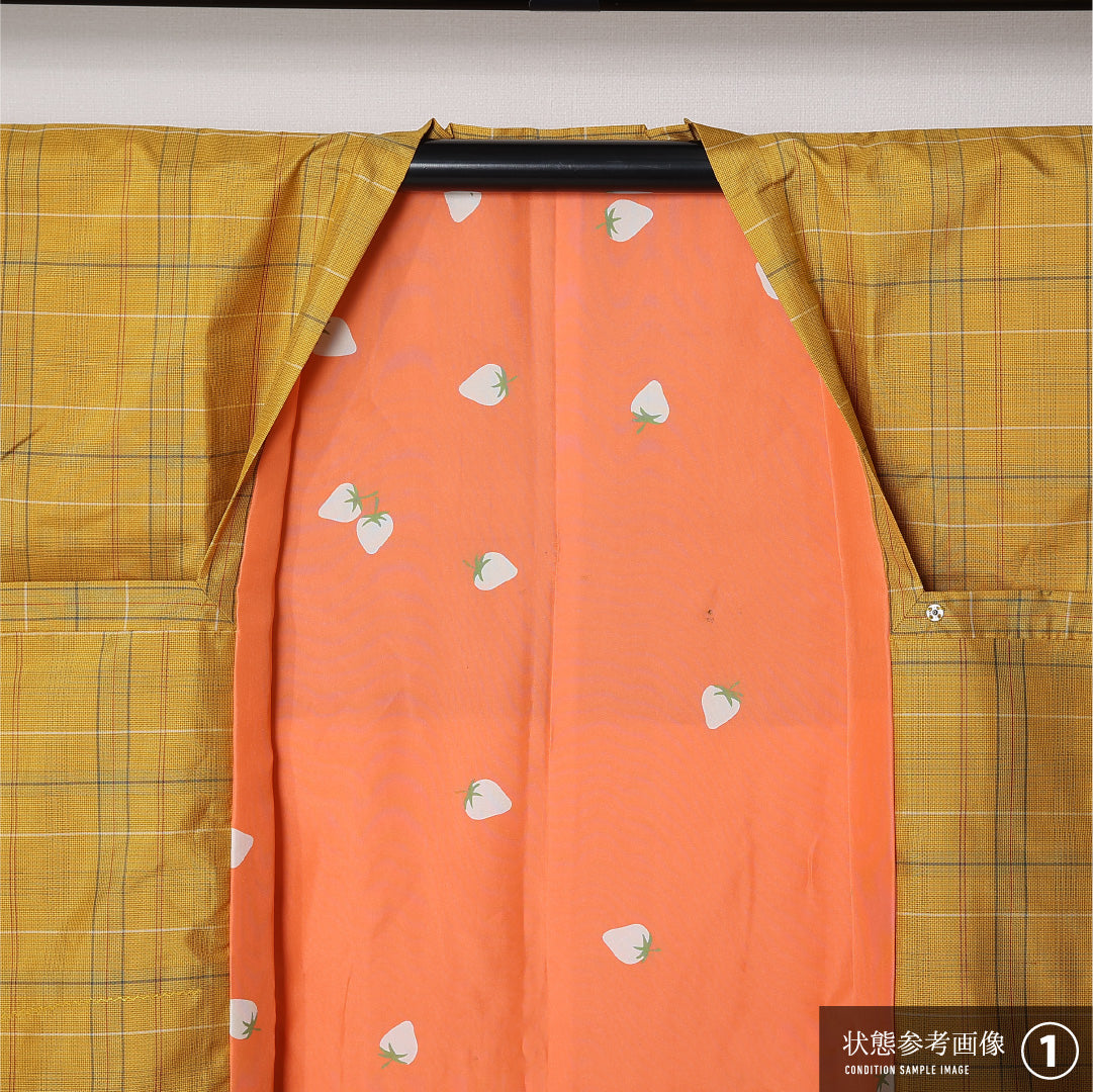 道行コート 袷 身丈85cm 裄丈64cm 正絹 Aランク セミフォーマル Mサイズ ポケットあり 格子 スタイリッシュ シンプル 黄系 GP 1237-12909
