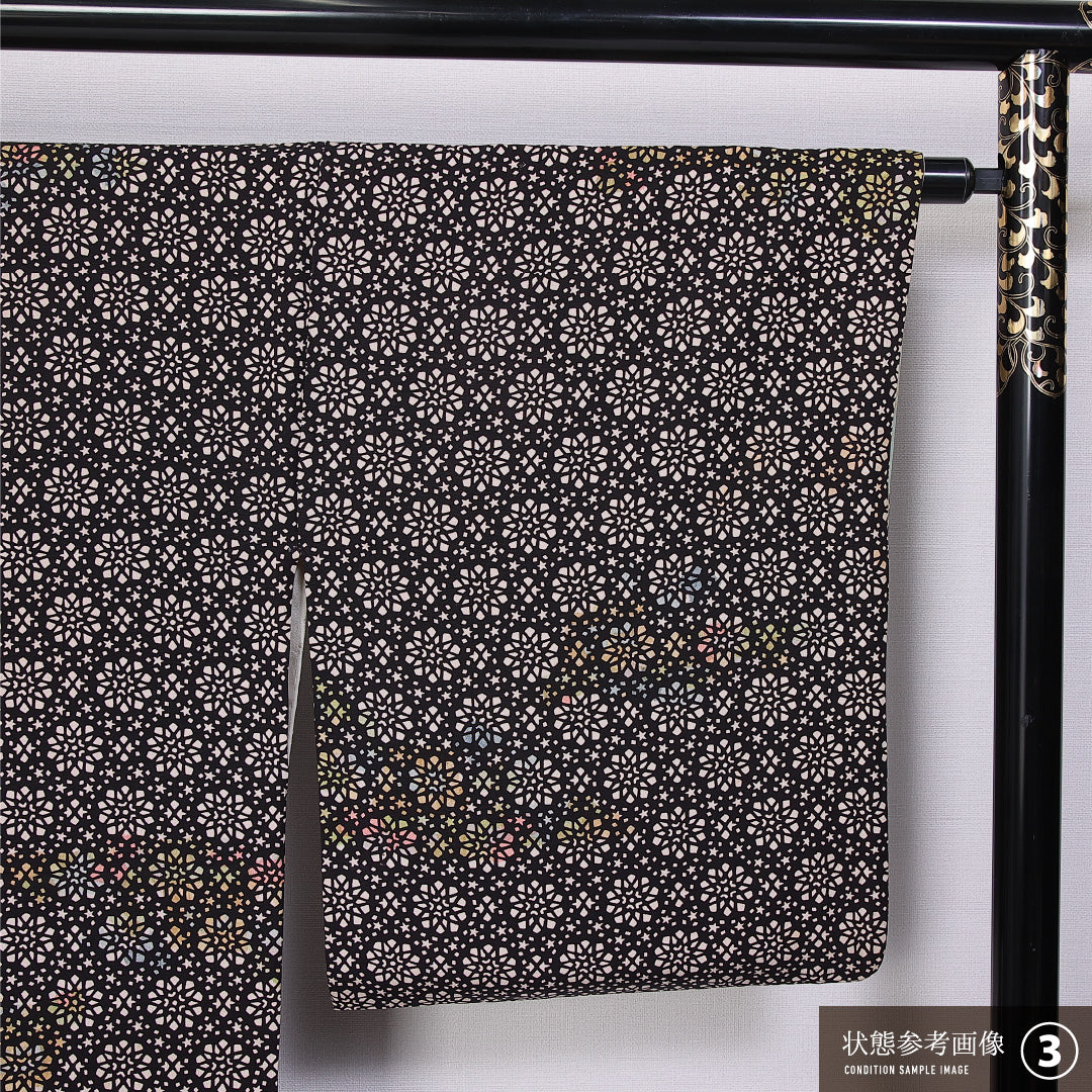 小紋 袷 身丈154cm 裄丈64cm 正絹 Aランク インフォーマル 広衿 Sサイズ 花柄 星 茶系 HP 1221-11066