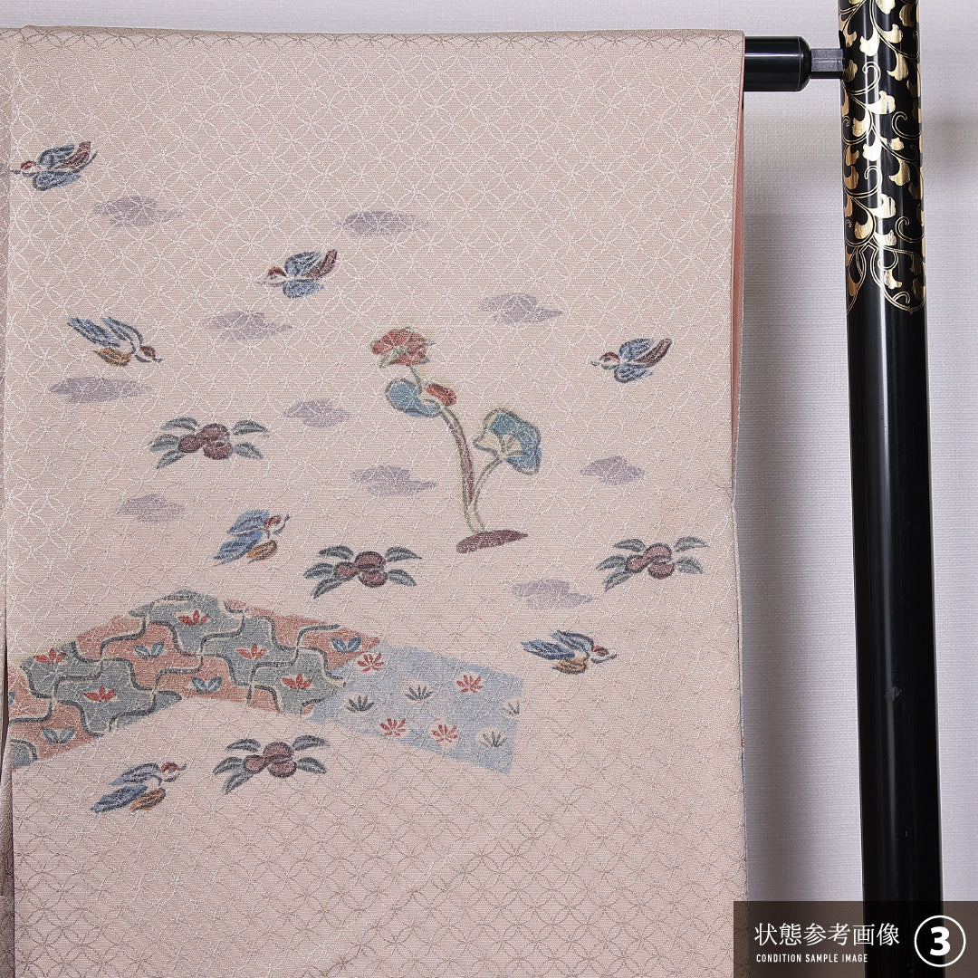 付下げ 袷 身丈155cm 裄丈62cm 正絹 Bランク 一つ紋 (五つ竜胆車) セミフォーマル 広衿 Mサイズ 作家物 七宝 花柄 クリーム系 HP 1218-11219