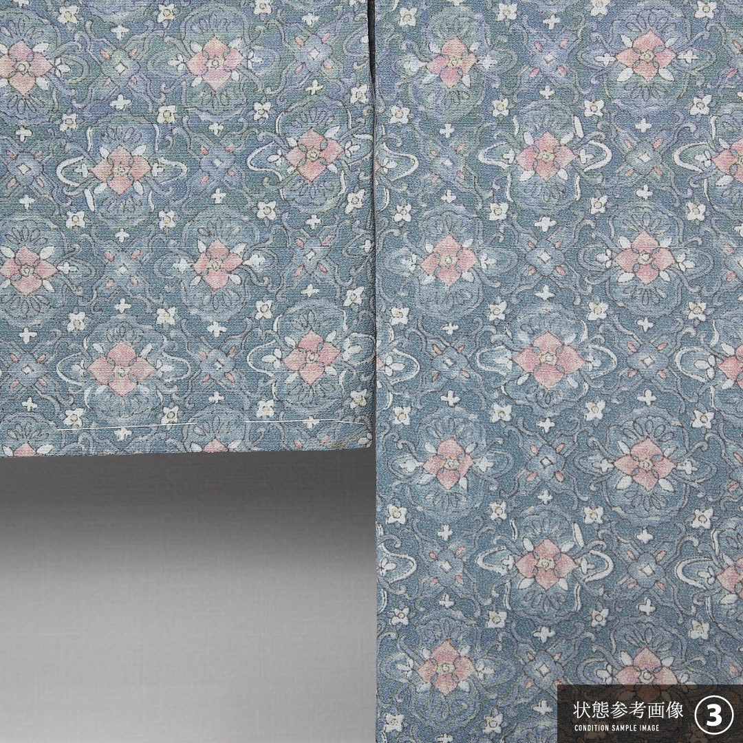 小紋 袷 身丈161cm 裄丈63cm 正絹 Aランク インフォーマル バチ衿 Lサイズ 花菱 水色系 RP 1221-12012