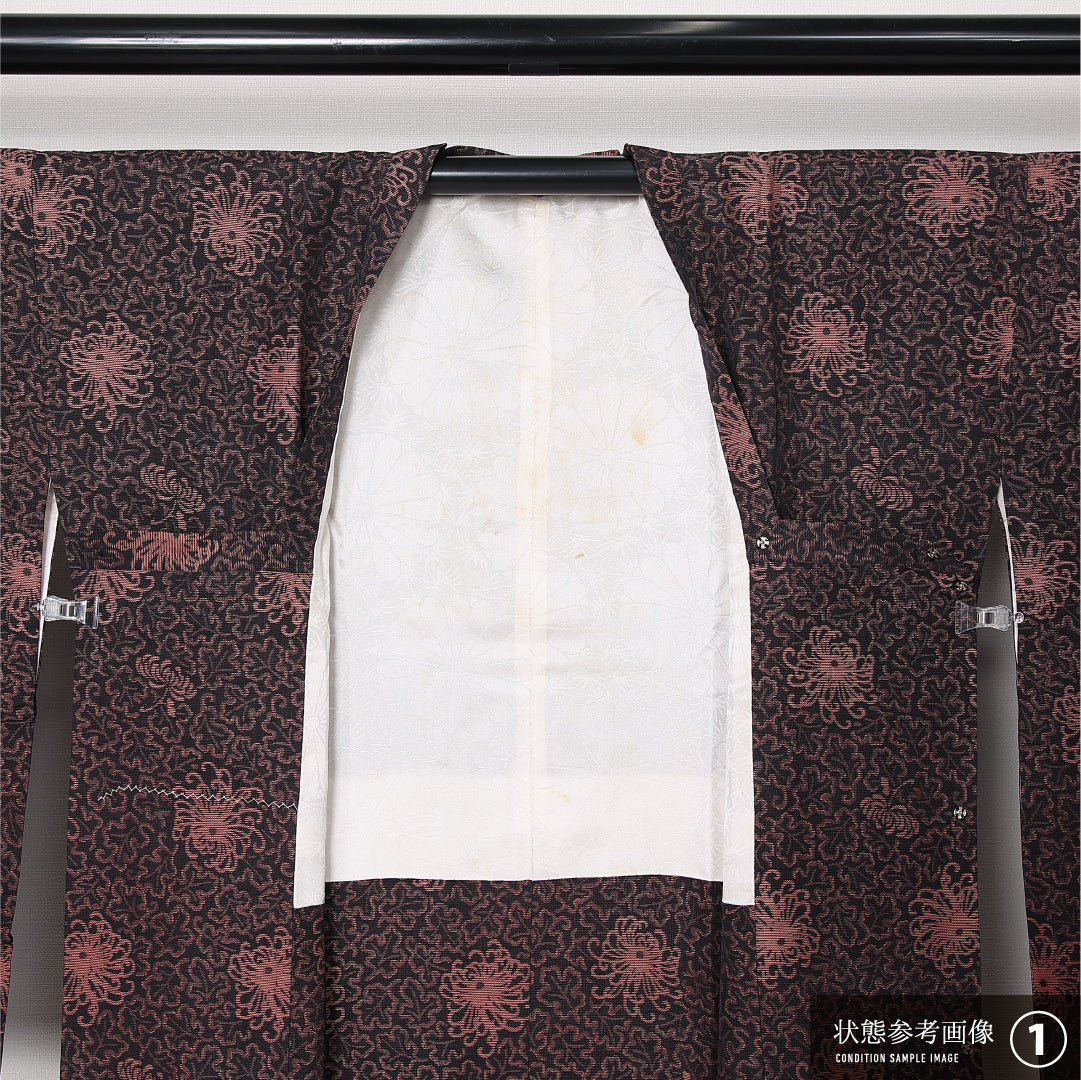 道行コート 袷 身丈111cm 裄丈63cm 正絹 Aランク セミフォーマル Sサイズ ポケットあり 菊 黒系 RP 1237-12785