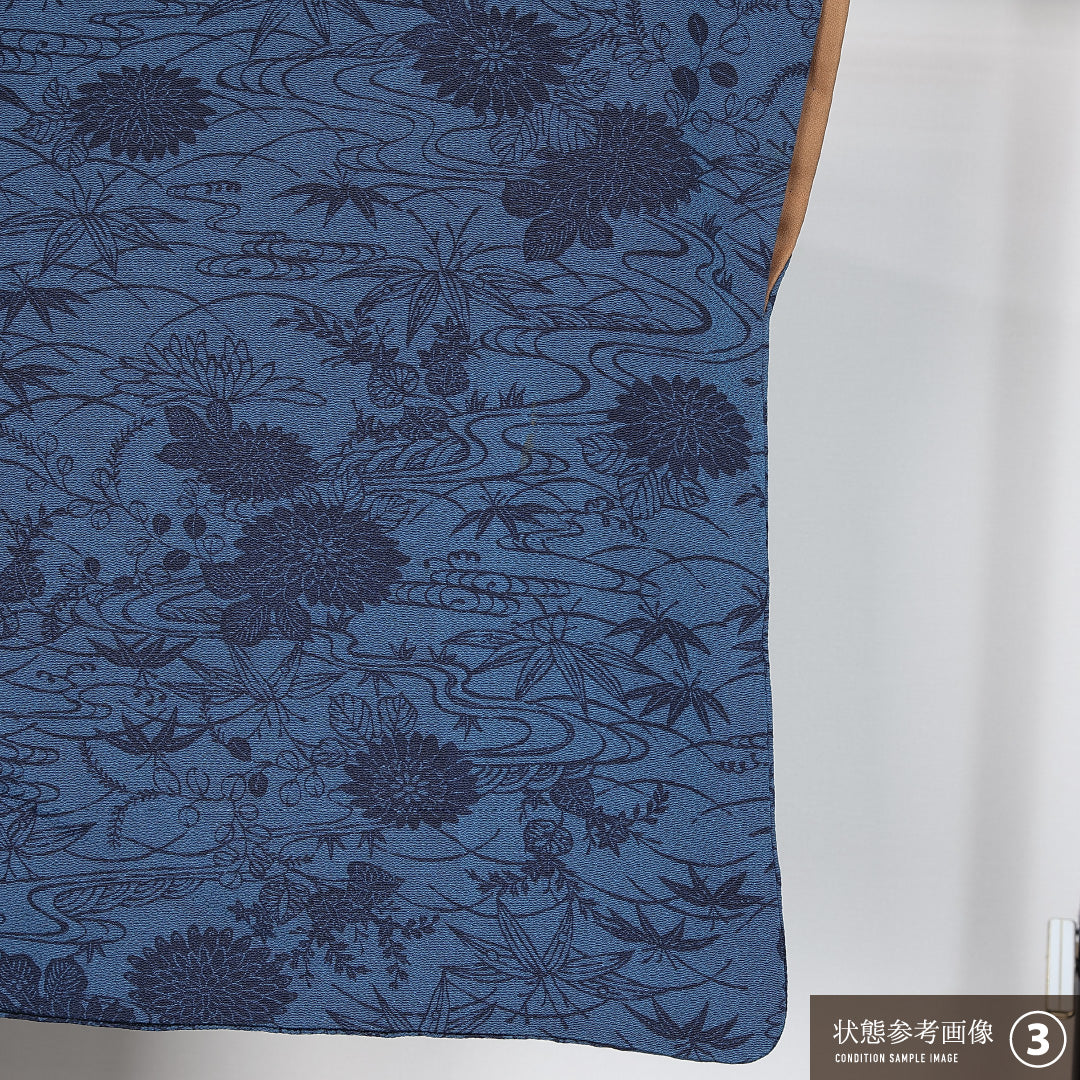 小紋 身丈162cm 裄丈65cm Bランク L 正絹 袷 広衿 クラシカル 藍型 流水 菊 紅葉 カジュアル 青系 1215-11968