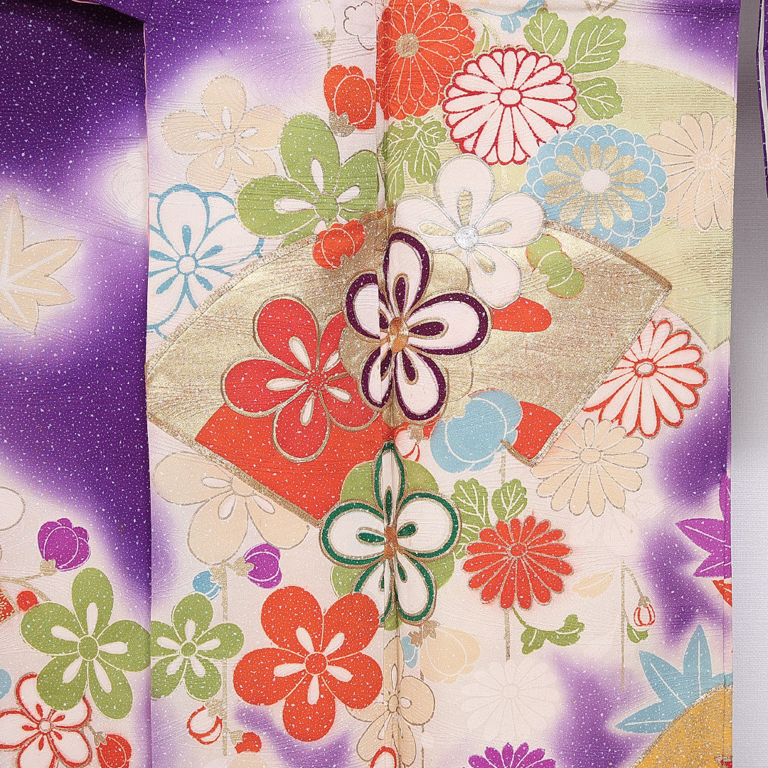 振袖 身丈157cm 裄丈65cm 袷 正絹 Cランク 広衿 菊 梅 紅葉 金駒刺繍 扇 1213-F0391