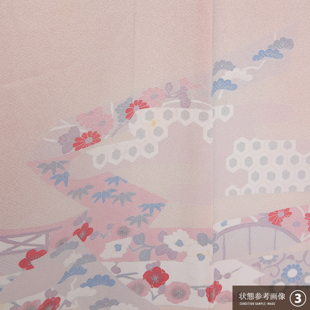 訪問着 身丈152cm 裄丈63cm Bランク S 正絹 袷 広衿 青海波 紅葉 松 光悦垣 セミフォーマル ピンク系 1212-12026