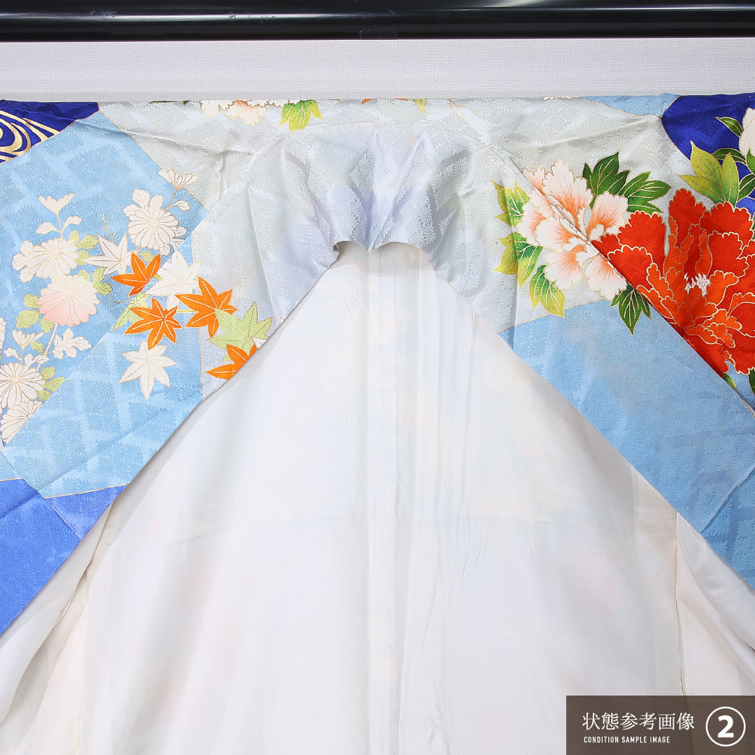 振袖 身丈164cm 裄丈66.5cm Bランク 袷 正絹 M 広衿 観世水 吉祥文様 古典柄 菊 紅葉 楓 牡丹 花柄 青系 1213-F0448