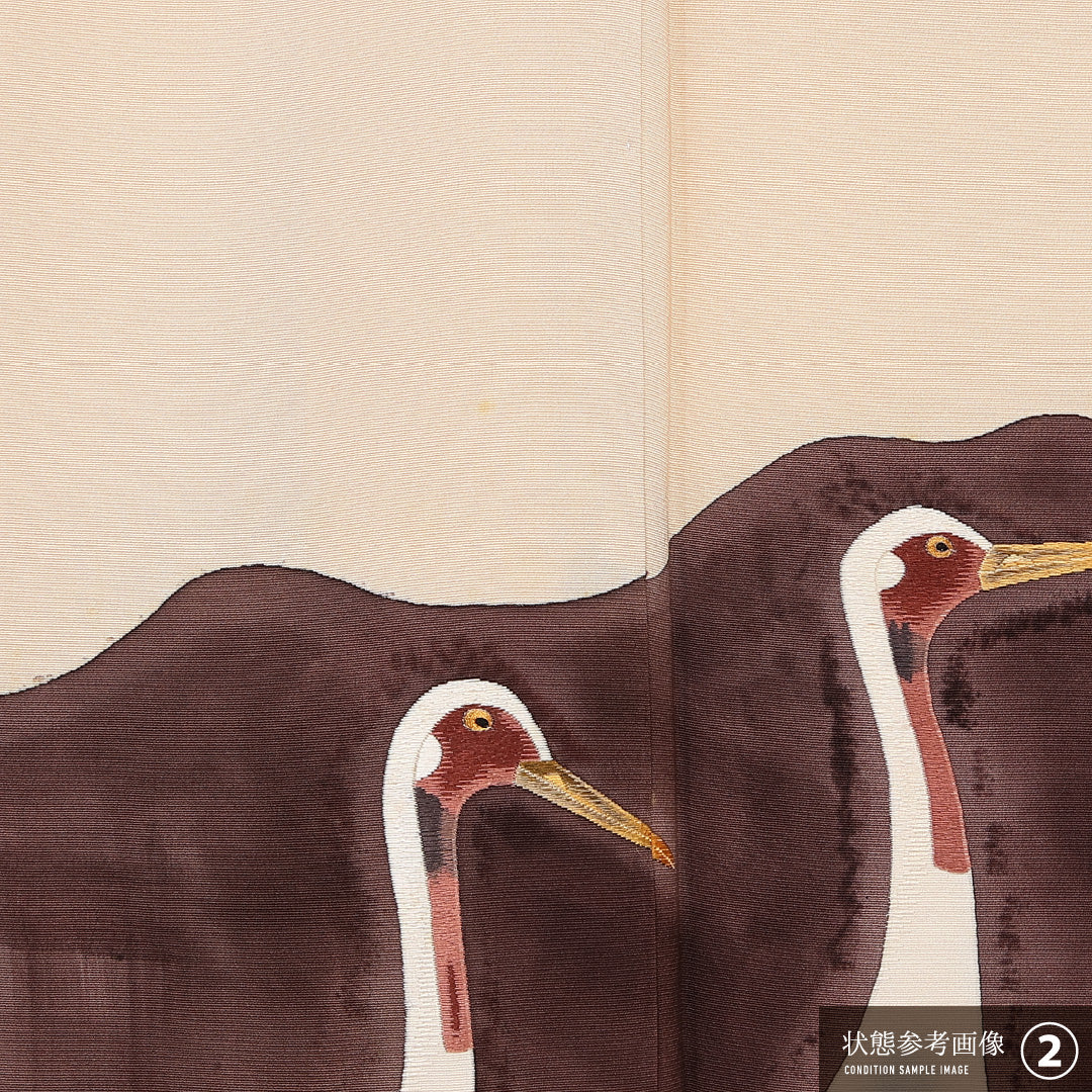 色留袖 三つ紋 丸に枝竜胆 身丈159cm 裄丈67cm Bランク 正絹 袷 比翼 広衿 M 刺繍 鶴 セミフォーマル 独創的 存在感 クリーム系 ピンク系 1211-F0573