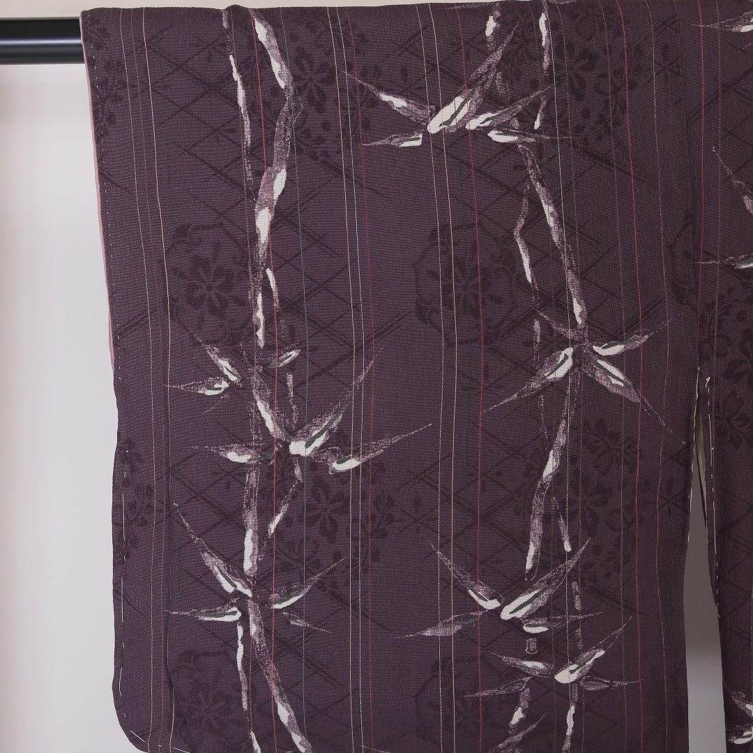 アンティーク 小紋 袷 身丈149cm 裄丈61cm 正絹 Bランク XSサイズ 広衿 笹 紫系 1215-02092