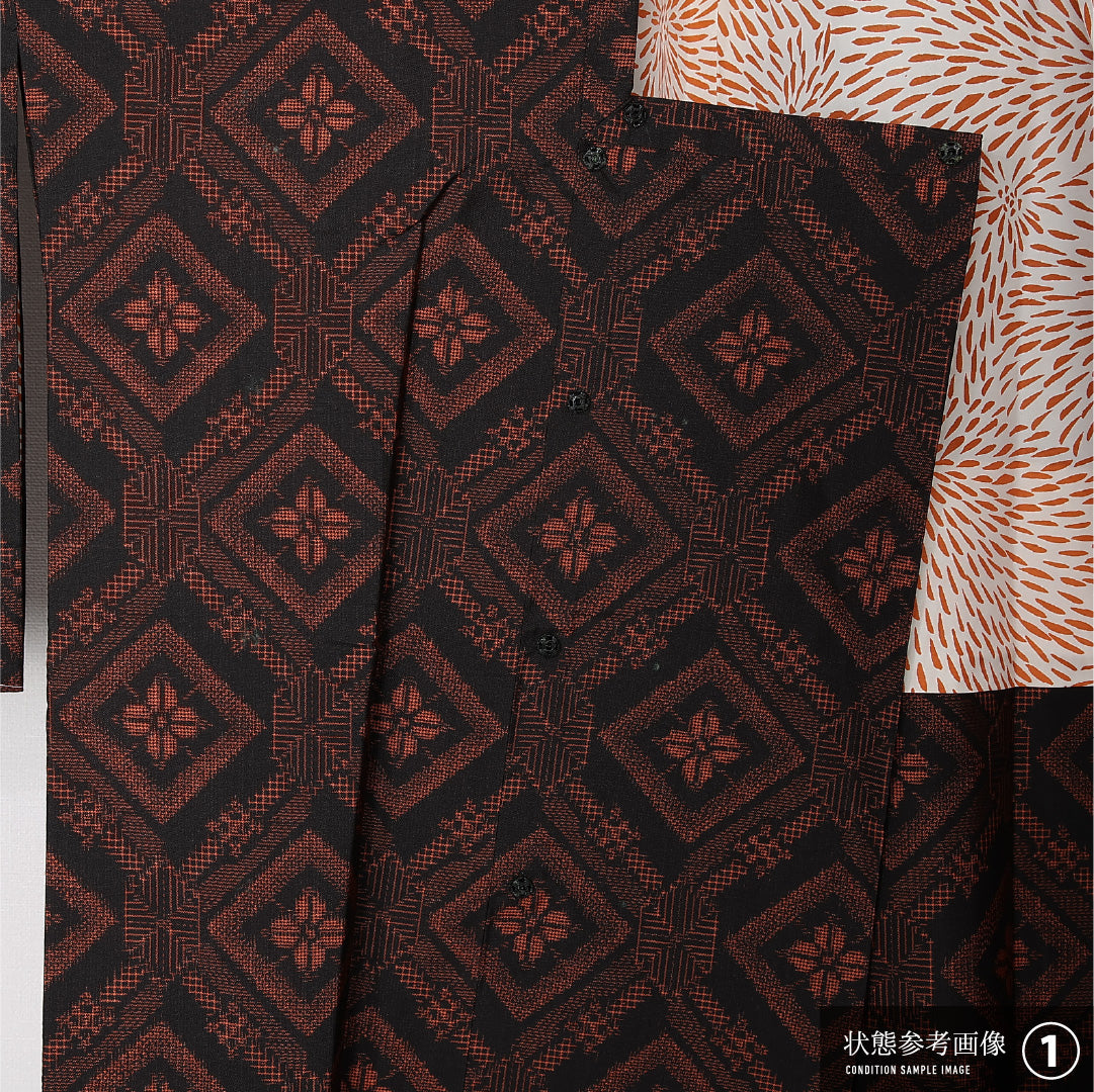 道行コート (大島紬) 袷 身丈85cm 裄丈66cm 正絹 Aランク インフォーマル Mサイズ 花菱 黒系 RP 1237-12707