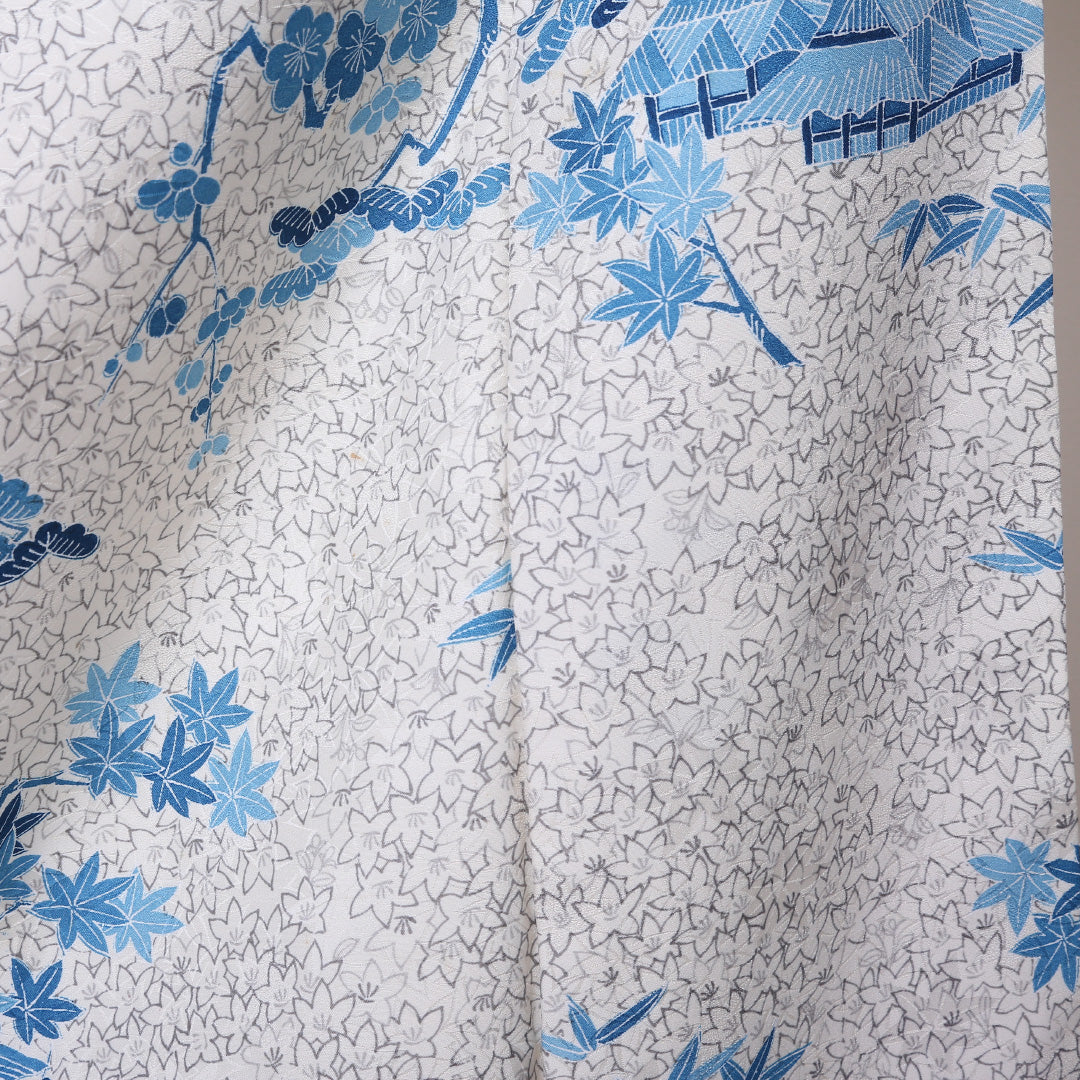 洗える着物 小紋 袷 身丈157cm 裄丈62cm ポリエステル Cランク インフォーマル 広衿 Mサイズ 茶屋辻 梅 松 白系 LP 1221-01979